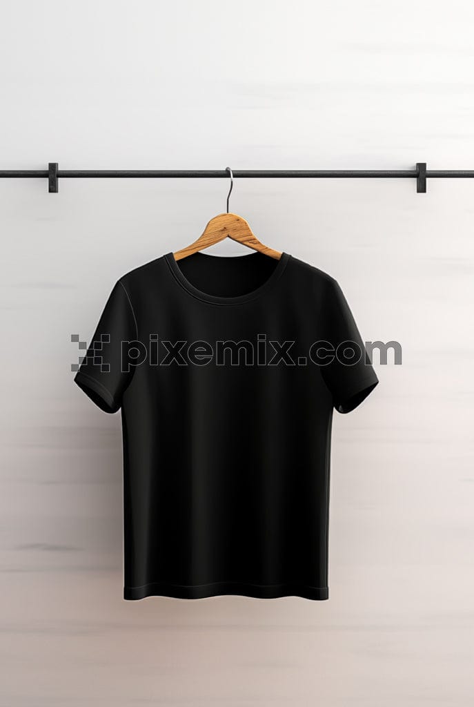 A plain black t-shirt hung on a hanger image.