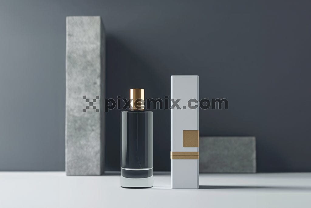 A premuim perfume glass bottle along with it's packaging image.