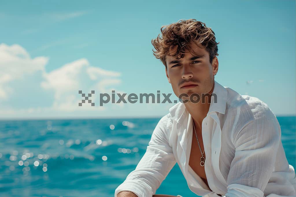 An image of a handsome male model posing on a yacht in the middle of an ocean.