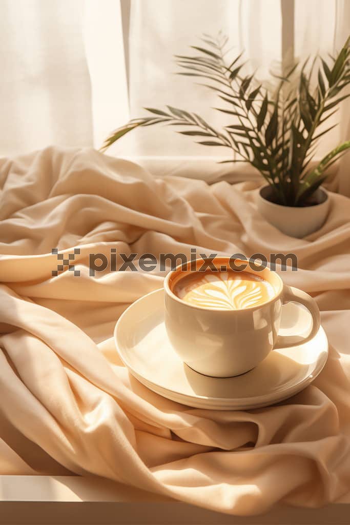 An image of a coffee mug in a warm and cozy bedroom.