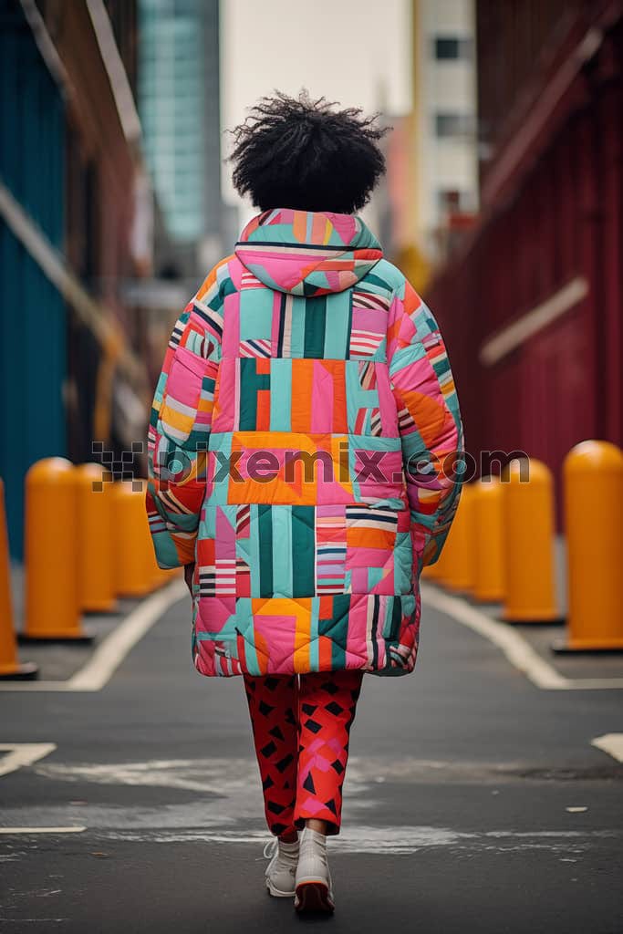 An image of a female model wearing an oversized jacking with pop colour patch work.