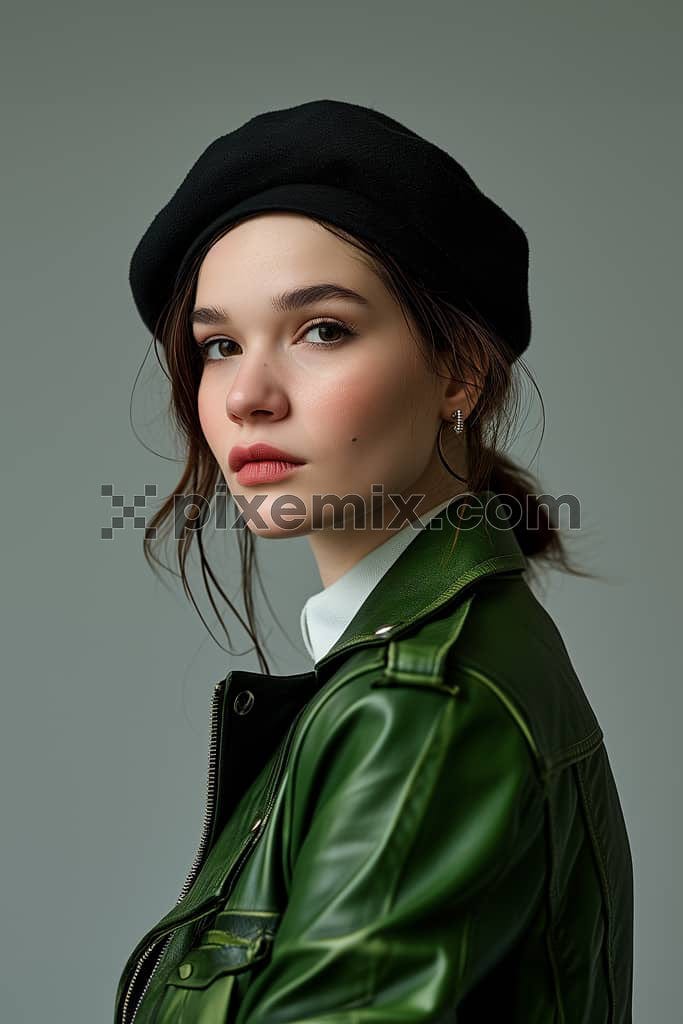 An image of  a stylish young woman in black beret and green leather jacket against grey background.