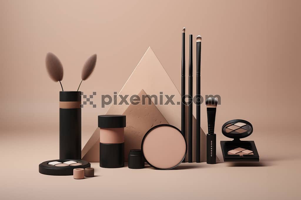 An image of a curated selection of makeup products, including brushes, a compact powder, eyeshadows, and lipsticks, is arranged aesthetically.