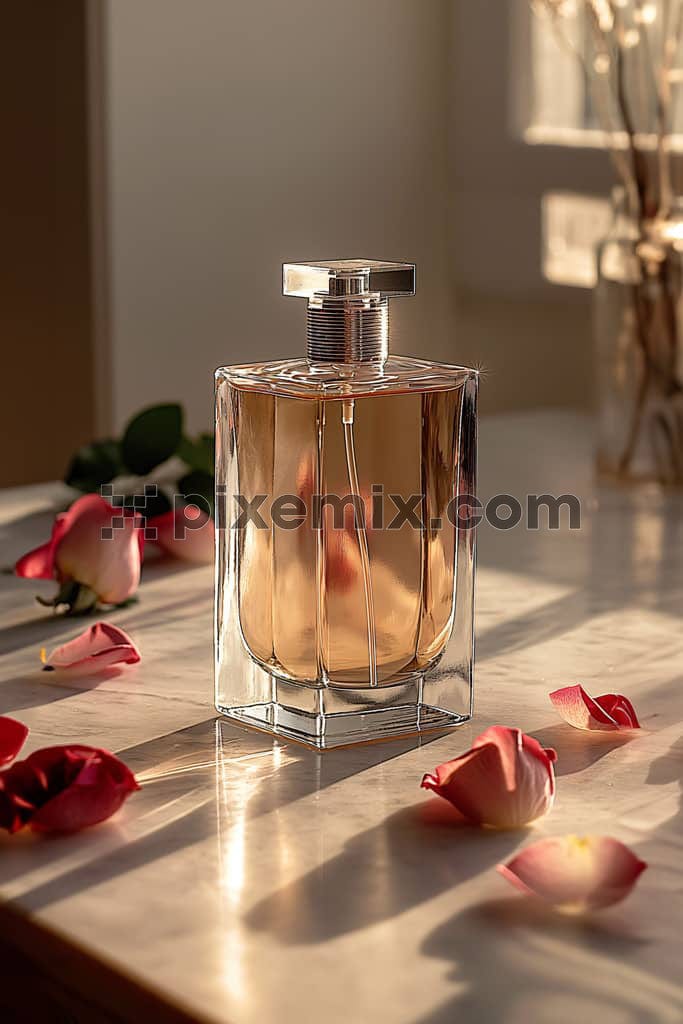 An image of an elegant perfume bottle basked in golden sunlight surrounded by scattered rose petals.