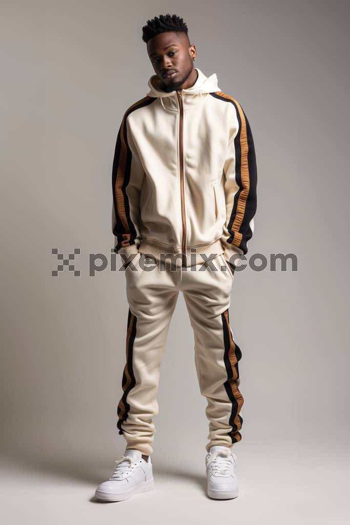 An image of a confident young man posing in stylish cream tracksuit and white sneakers.