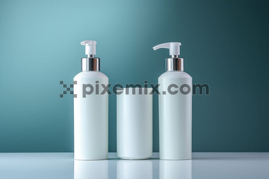 Plastic dispenser hand wash bottles in a blue backdrop image.