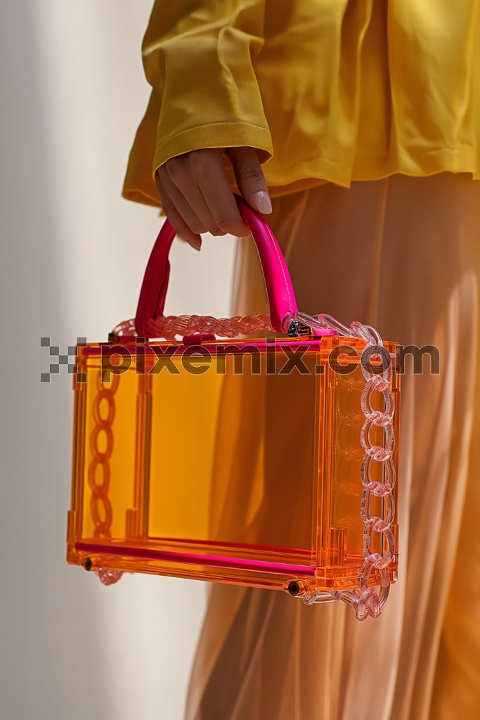 Closeup of transparent handbag in hand of fashionable girl image.