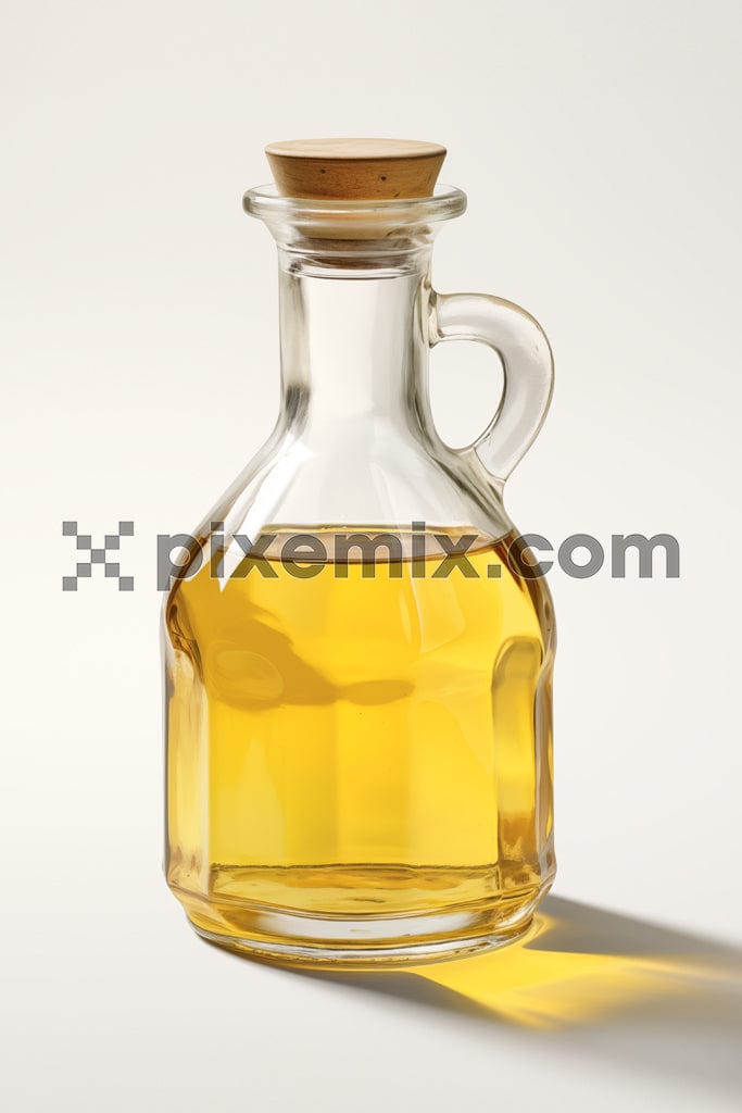 Olive oil in a glass bottle jar on white background image.