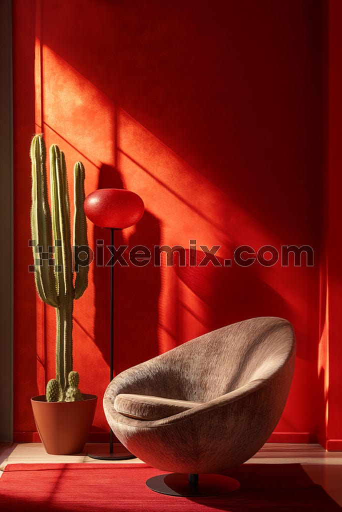 Modern round couch on red dark room image.