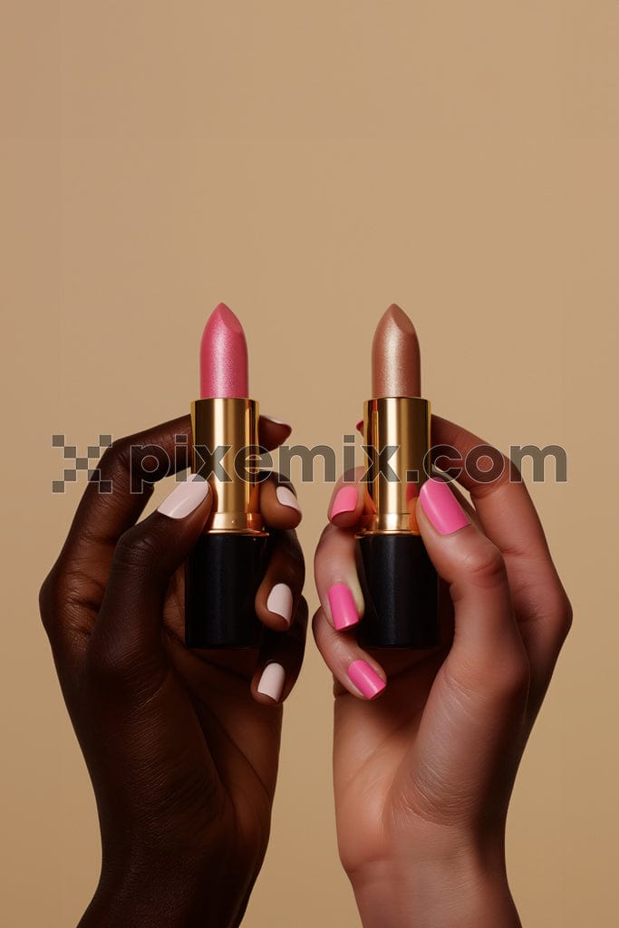 Cropped shot of woman holding lipstick on brown background image.