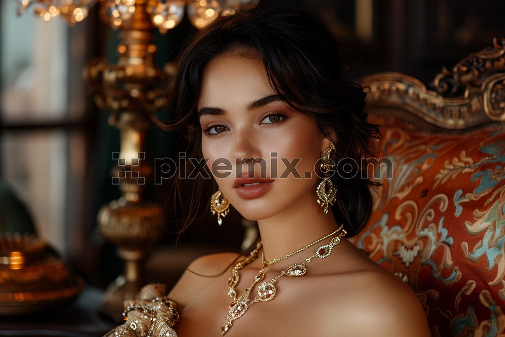 Close up of a beautiful women wearing set of jewelry over luxurious interior image.