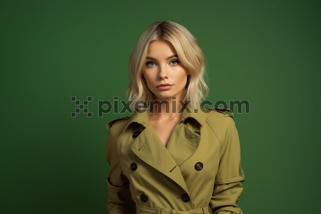 Fashionable woman in olive jacket on green background image.
