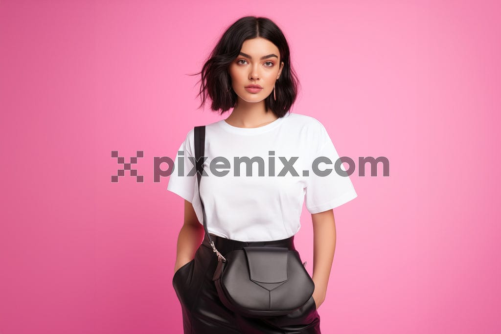 Beautiful female model wearing white t-shirt, black shorts and fanny pack standing over pink background image.