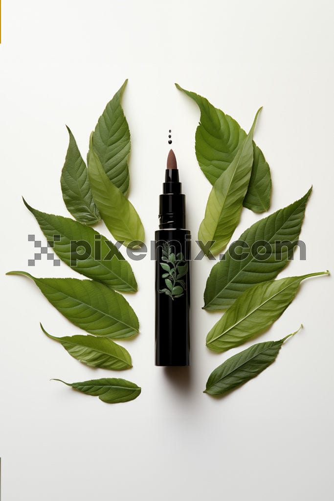 Green leaves around eyeliner on White background image.