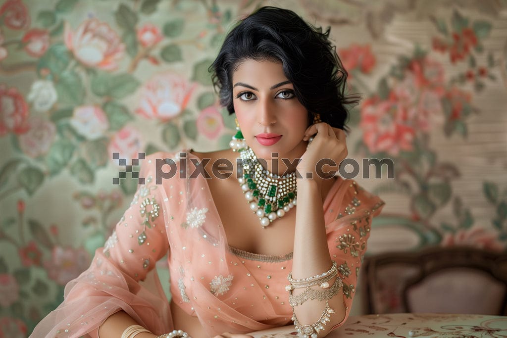 Portrait of beautiful indian girl wearing treaditional dress on florals background image.