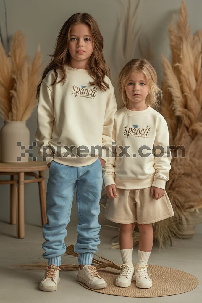 Two kid both wearing stylish beige sweatshirts In a professional studio setup image.