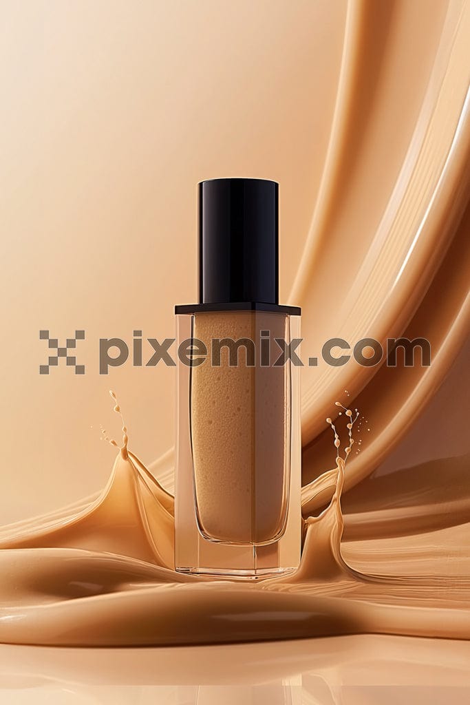 Makeup foundation bottle with cosmetic cream splash image.