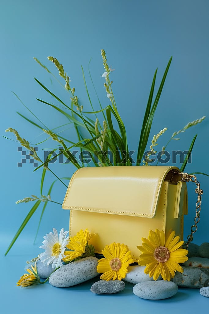 Beautiful yelow female leather bag with sunflower on the blue background