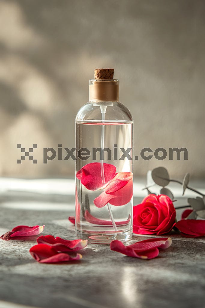 Bottle of perfume with rose on monochrome background image.