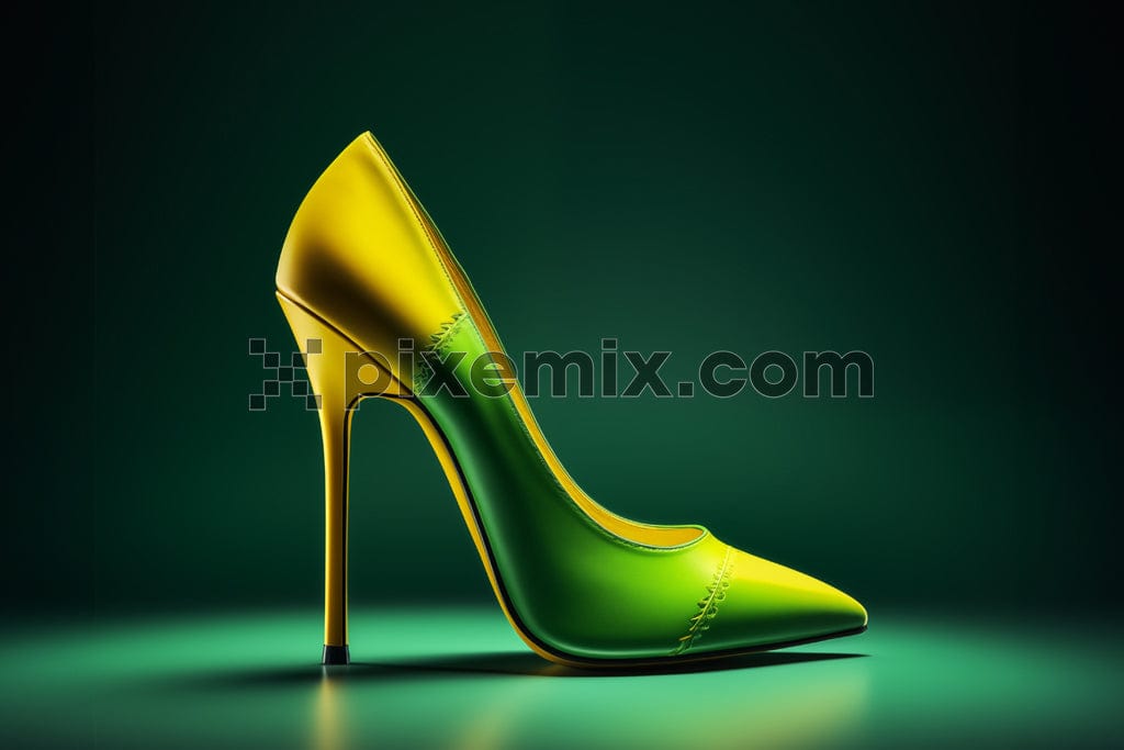 close up of glod and green high heels on green background image.