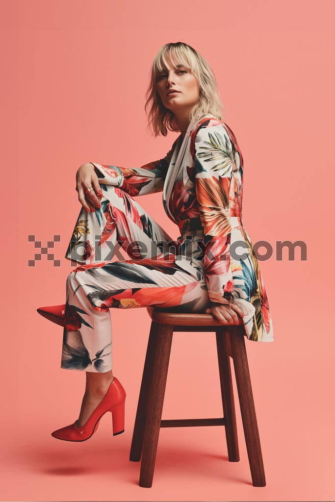 Elegant woman in tropical blazer, red high hells and sitting on Pastel background image.