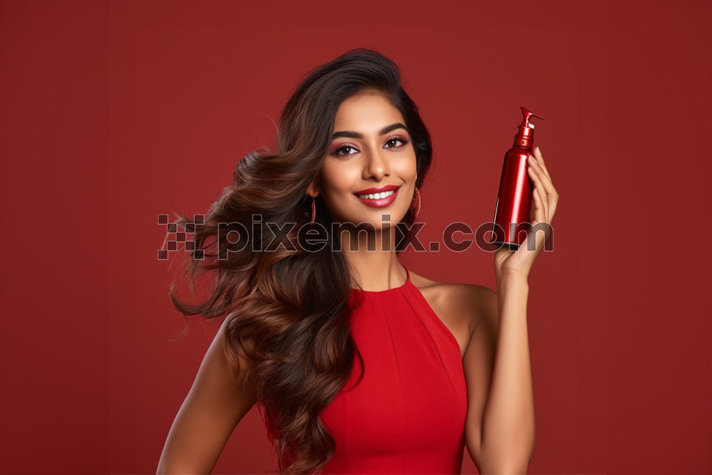 Young indian woman with shiny hair holding shampoo bottle with on red background image.