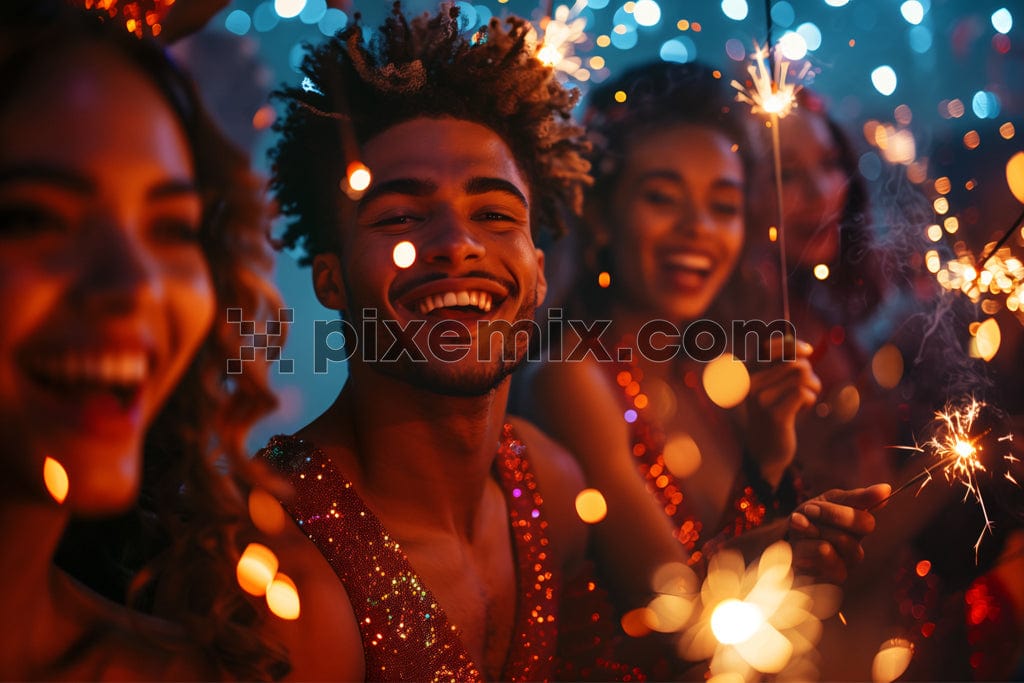 Close up of young smiling teenagers celebrate with firecrackers image. 