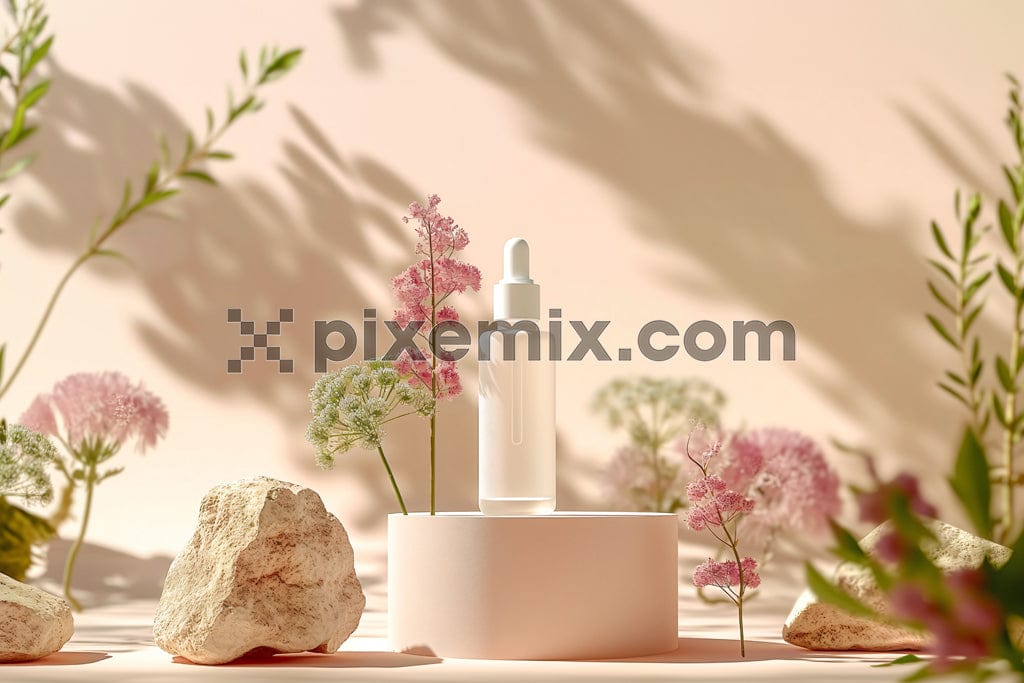 Cosmetic face oil bottle on round podium with pink and with flower image. 