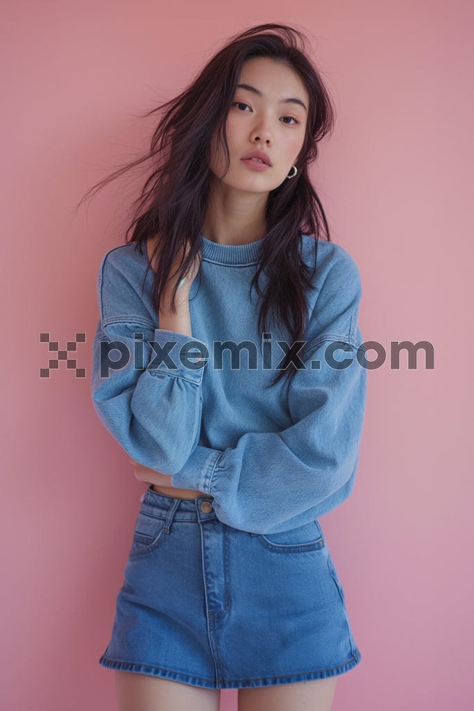 A beautiful Asian female wering denim dres in pink background image.