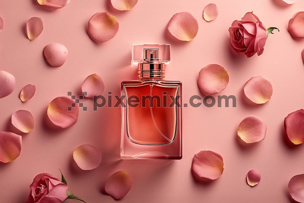Perfume bottle with rose on pink background image.
