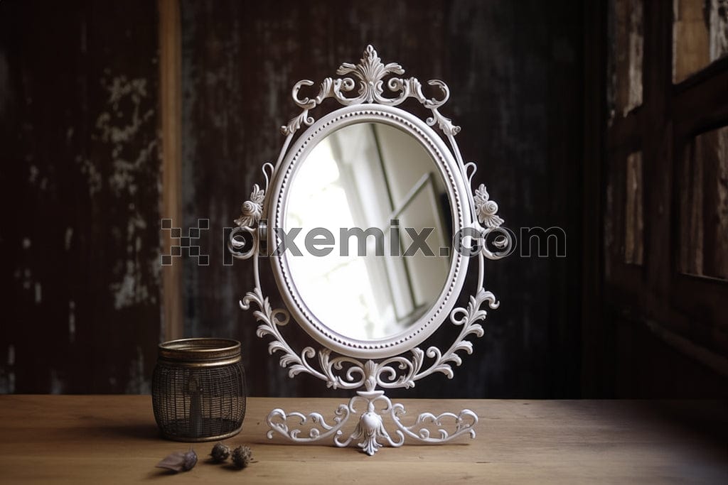 Classic mirror on wooden table in vintage style image.