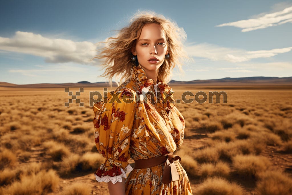 Fashion outdoor photo of beautiful woman with brown hair in luxurious floral dress posing in summer field image.