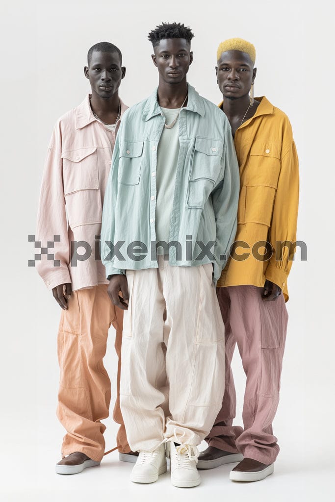 Full length of young three black men with high fashion standing in front of white background image.