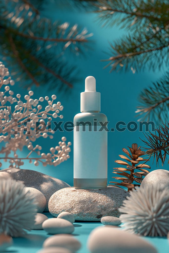 Cosmetic bottle with pipette standing on the stone. with leaves image. 