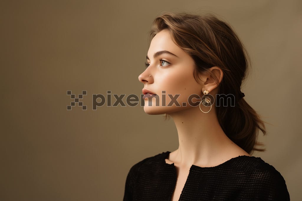 
Trendy young woman in black top standing over beige background image.