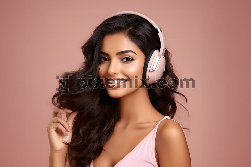 Portrait of a stylish young woman  with headphones on pink background.