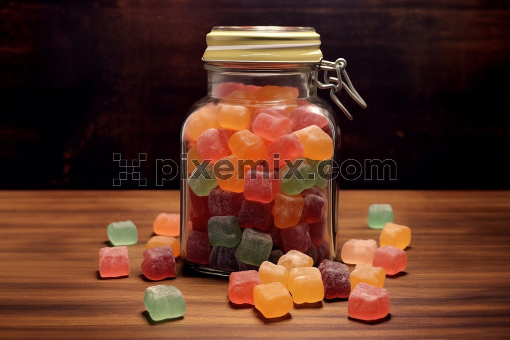 Candy jar on wooden table image.