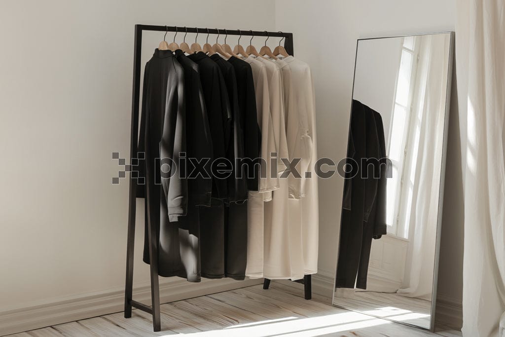 A rack with stylish clothes next to a beige wall in the room.