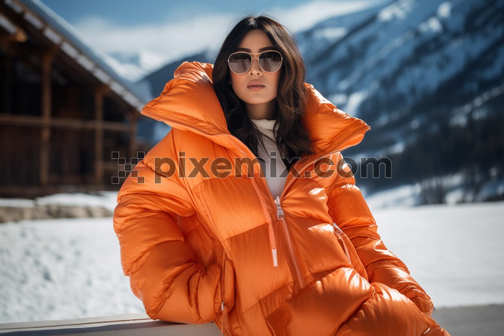  Beautiful woman is wearing winter jacket  and sungless posing in snow on mountains village outdoor image.