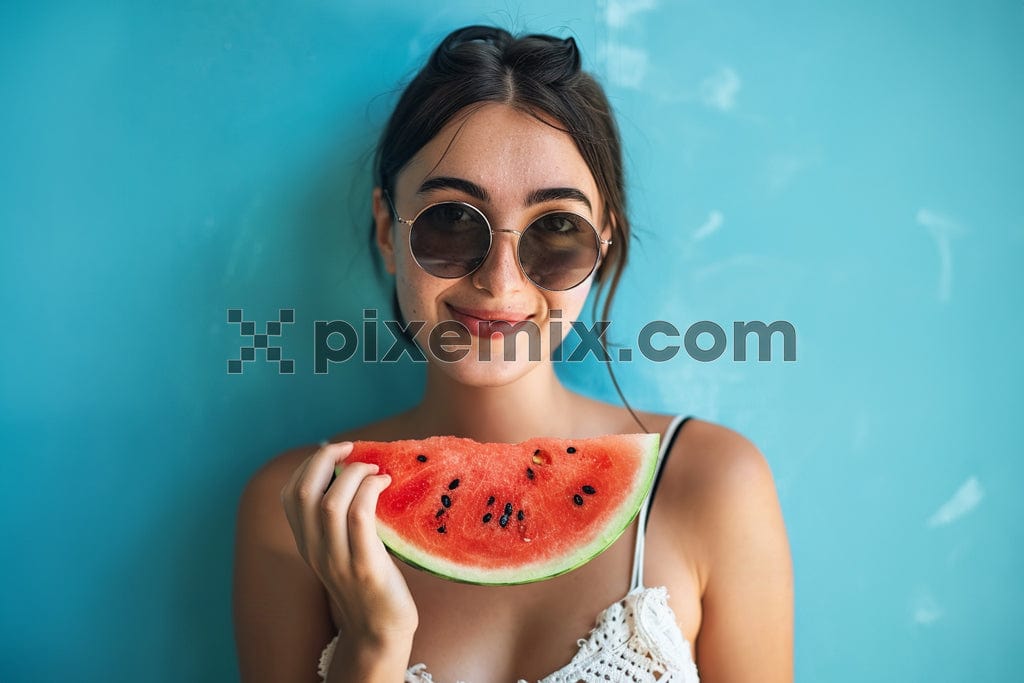 Portrait happy young woman is holding slice of watermelon over colorful blue background image.