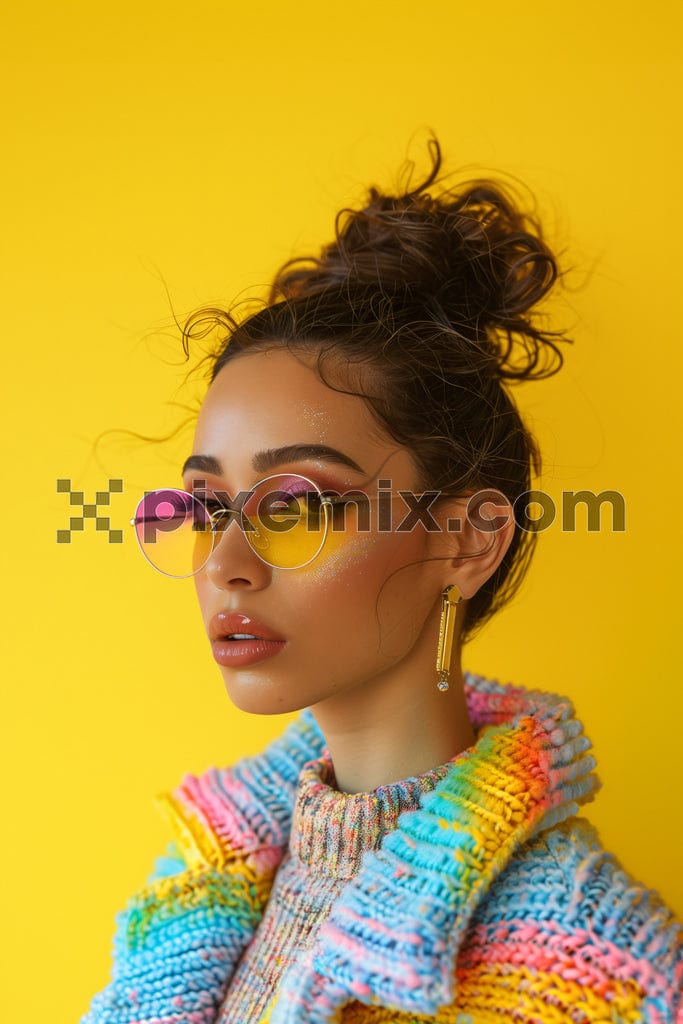 Portrait of beautiful young woman with sunglasses on yellow background image.