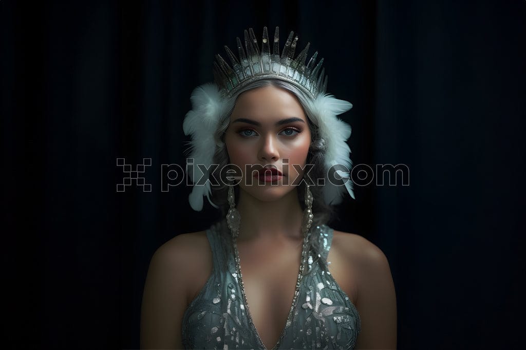 Portrait of fantasy princess in dark gothic room looking at camera image.