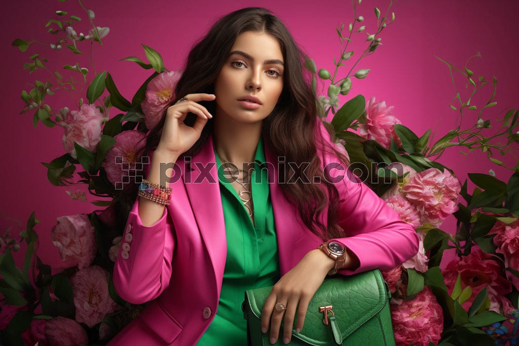 Fashionable confident woman wearing elegant pink suit on flower background image.