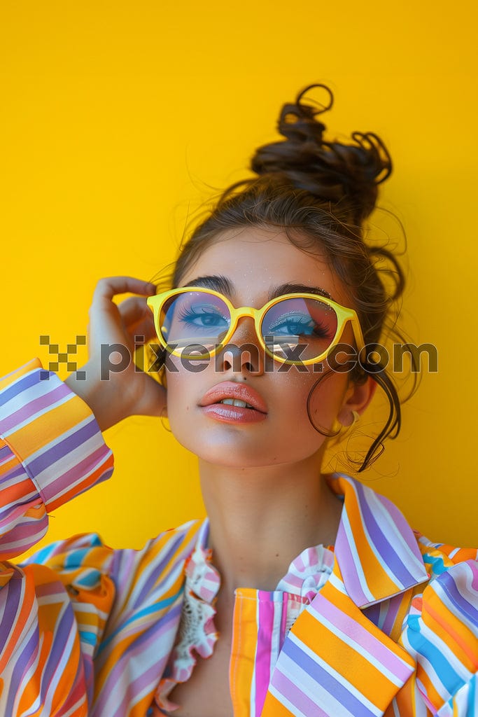 Attractive woman in stripe dress and stylish yellow sunglasses trendy on yellow background image.