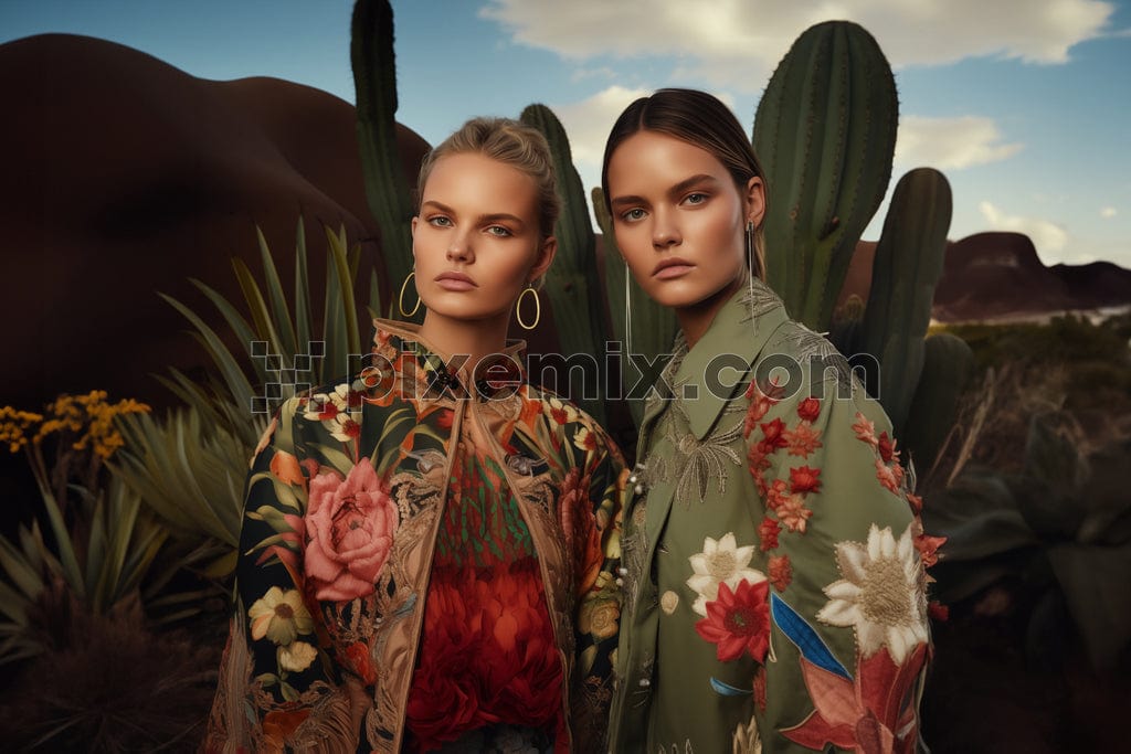 Outdoor close up portrait of two young beautiful lady wearing floral printed dress posing in sand desert image.