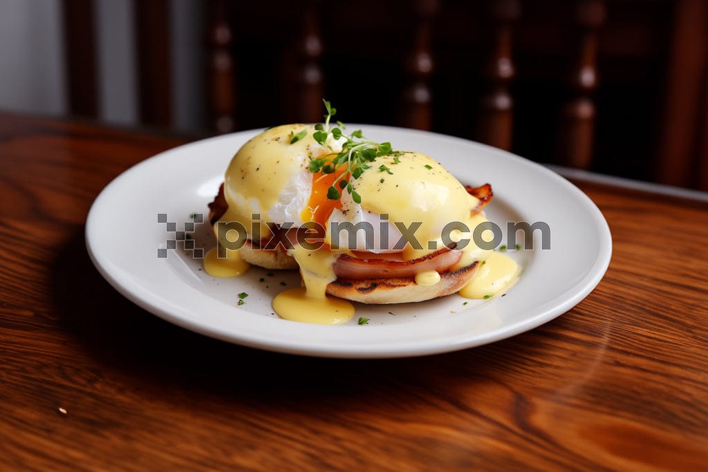 Eggs Benedict with little salad on white plate image.
