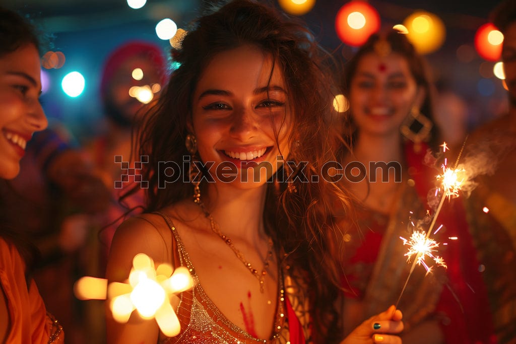 Young beautiful  indian women celebrating festivals with crackers image.