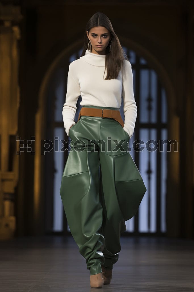 Full length of Pretty woman olive leather trousers image.