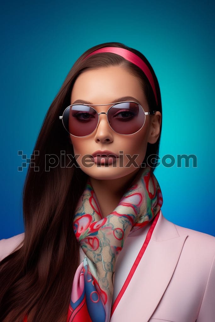 Close up of a beautiful women wearing pink coat with stylish sunglasses on blue background.