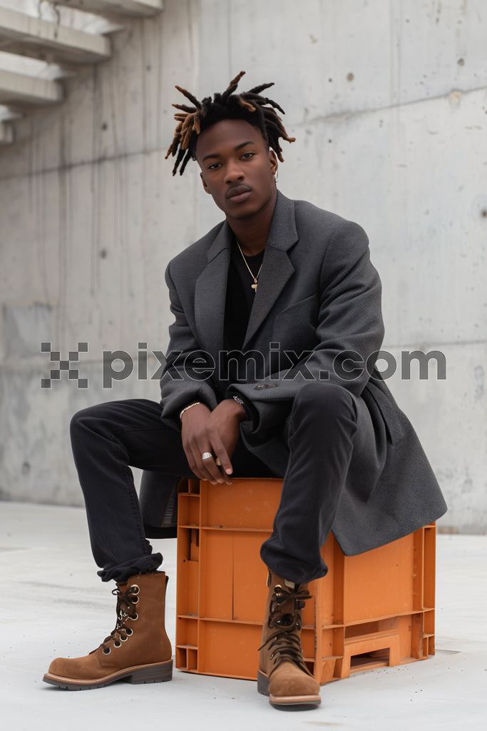Stylish young African American guy sitting on plastic container image.